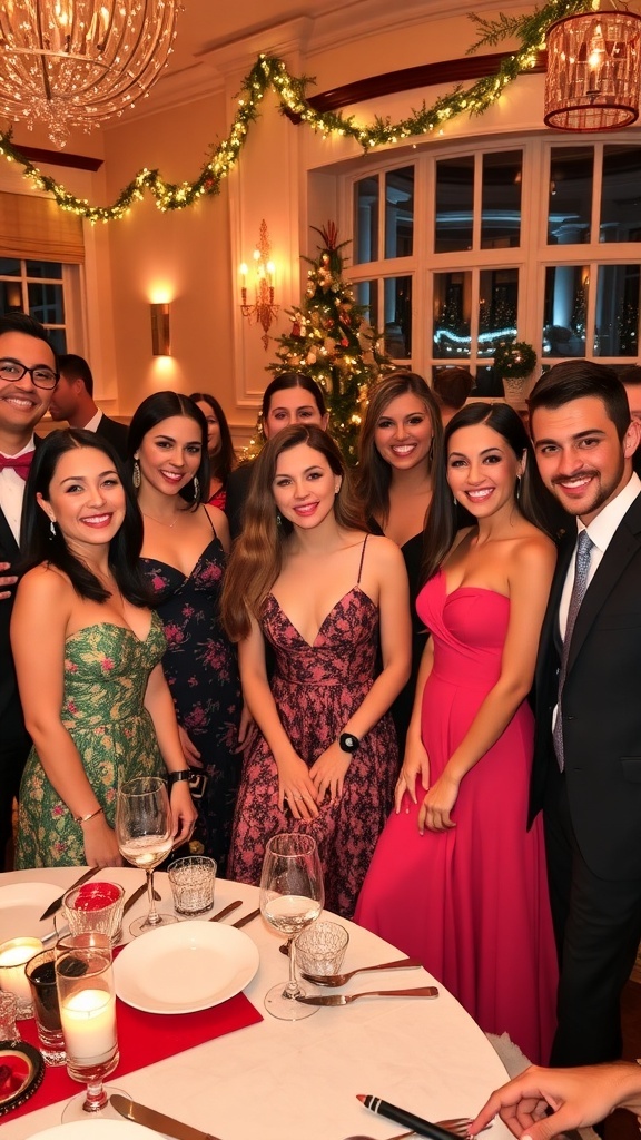 Group of friends in classy Christmas outfits at a holiday dinner party, surrounded by festive decorations.